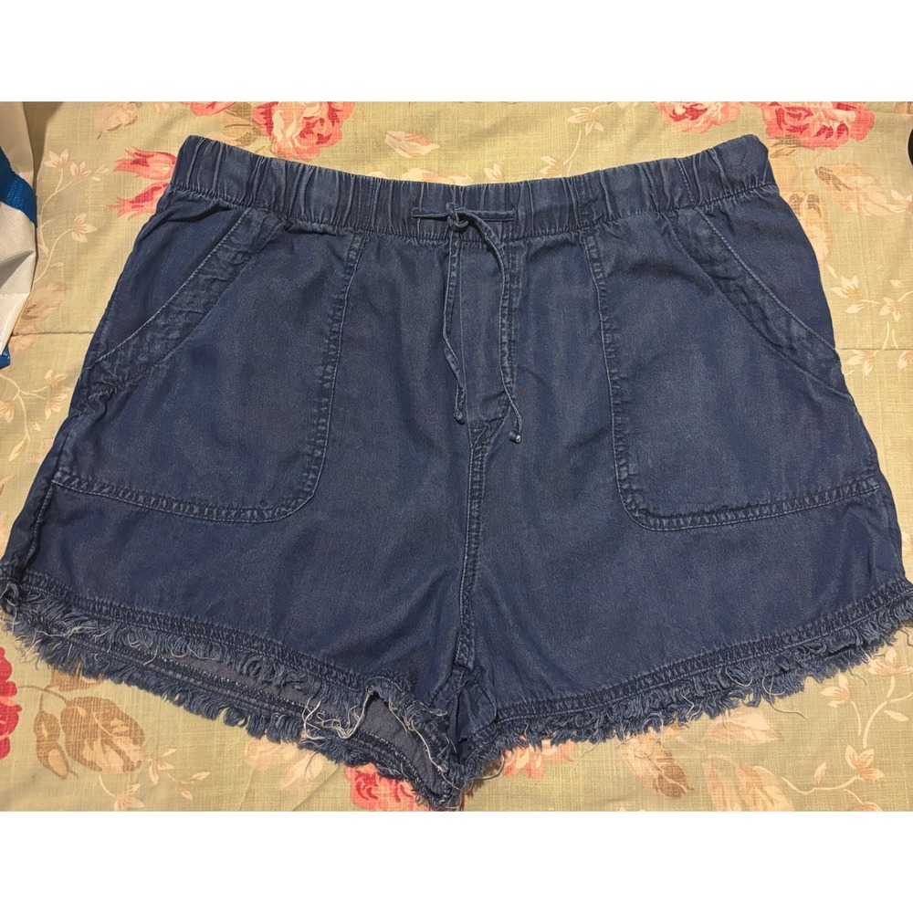 Time and Tru Womens Lyocell Denim Shorts Blue Frayed Hem Drawstring Large 12-14
